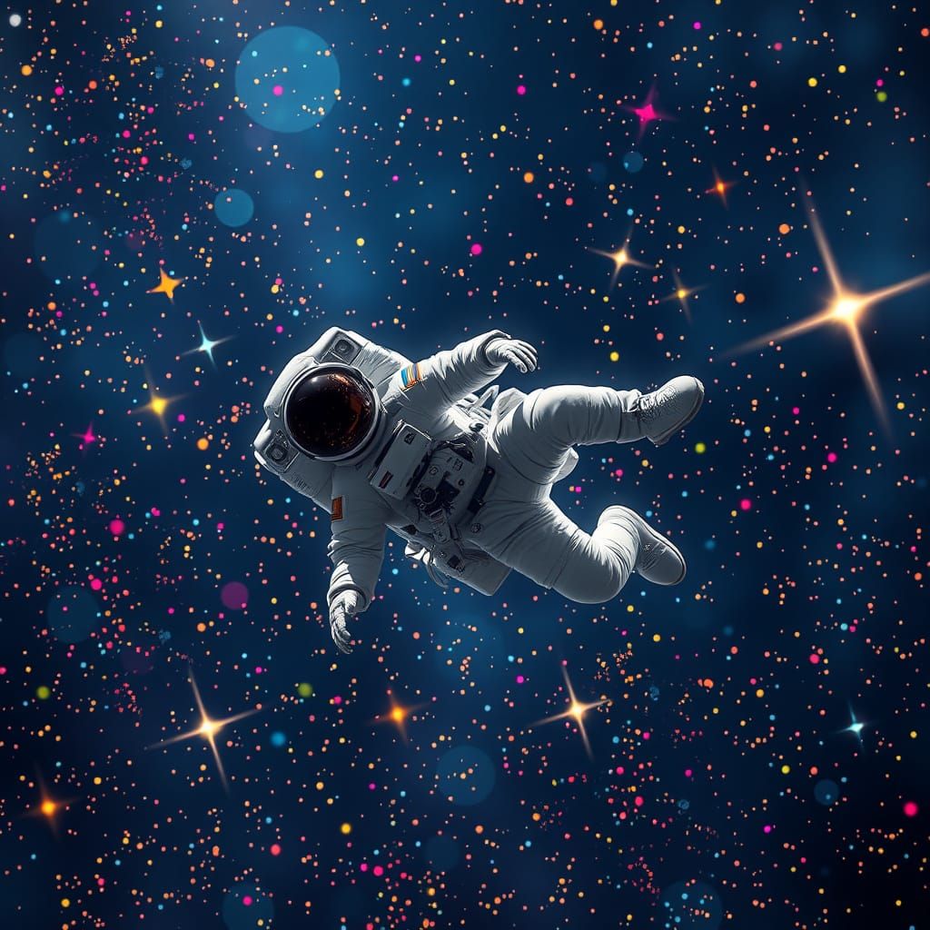 Serenely Floating Astronaut Amidst Vibrant Cosmic Points