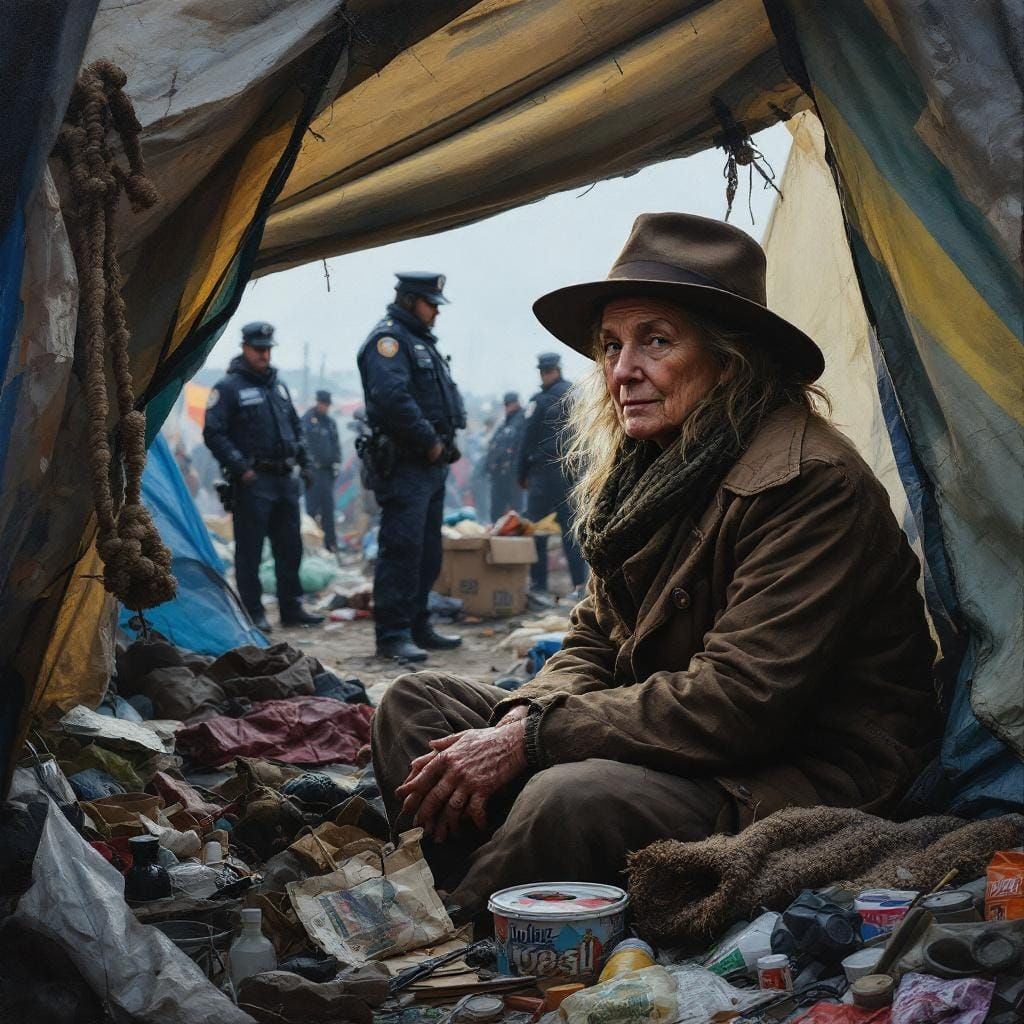 Homeless Woman in Tent City: Impressionist Style