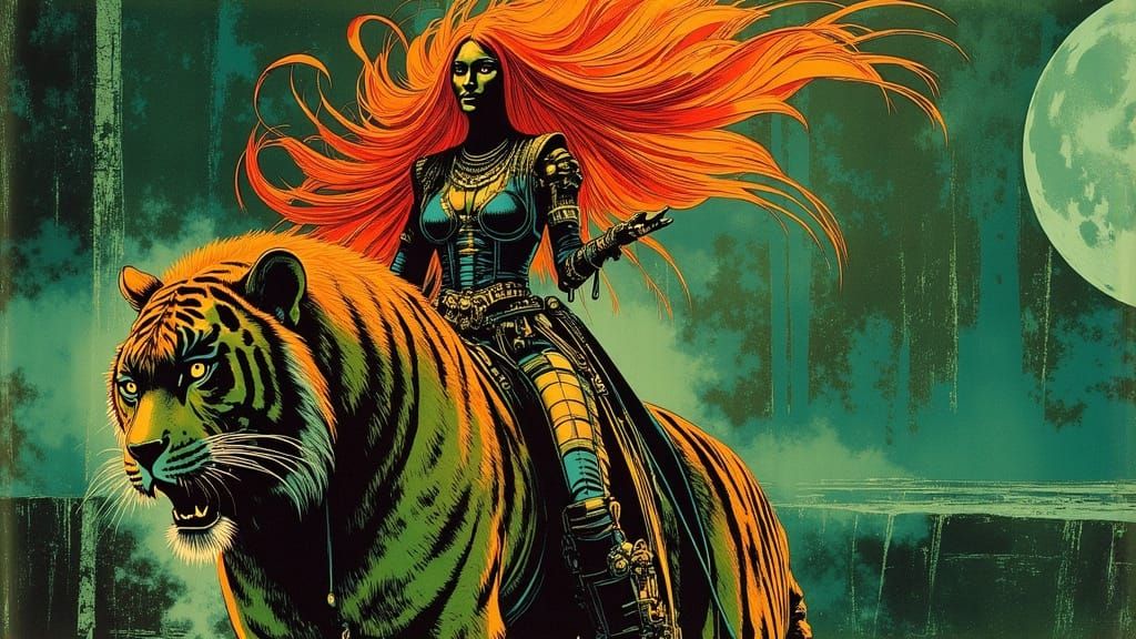 Regal Red Sonja Rides Majestic Tiger in Dreamlike Landscape