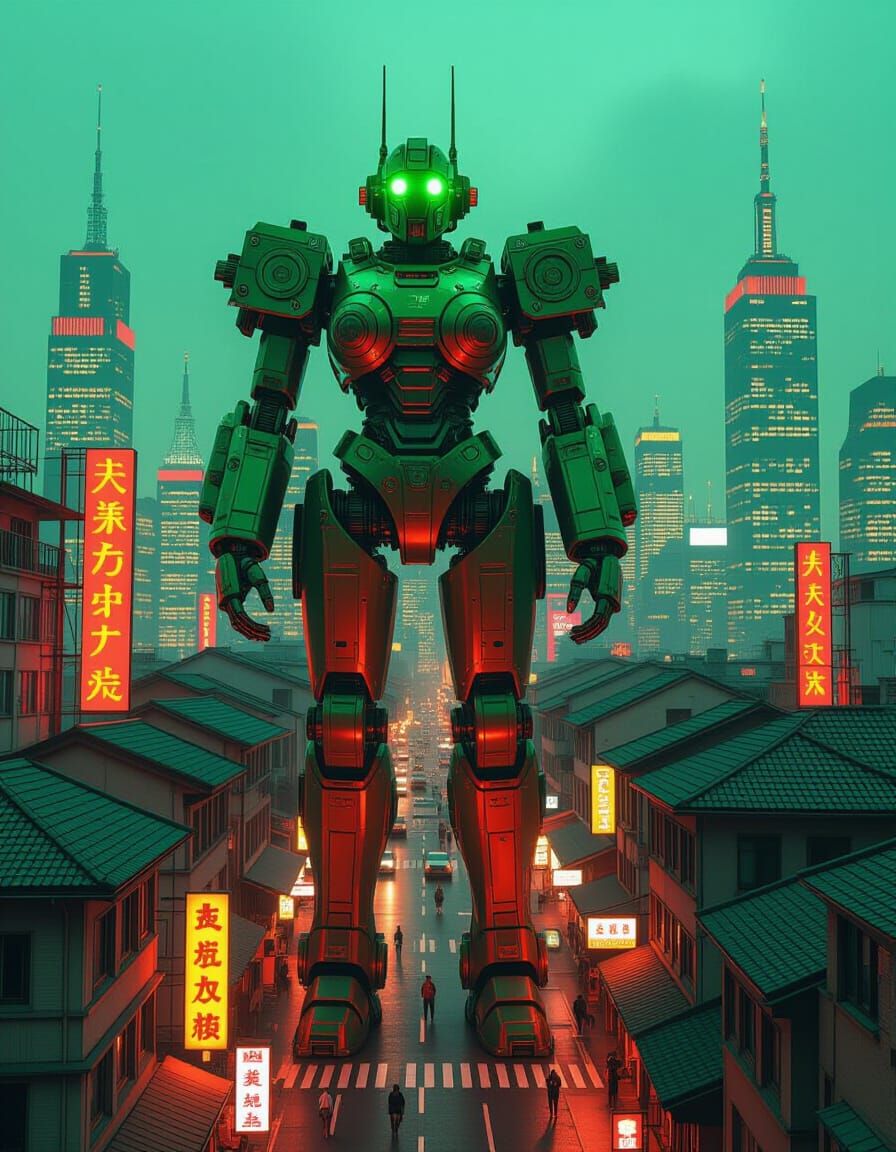 Neon Steampunk Giantess in a Glowing City