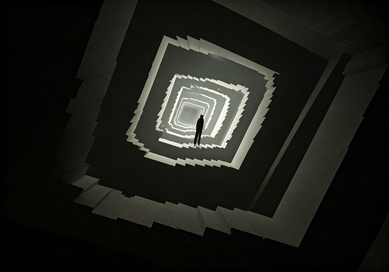 Escher-Inspired Surreal Staircase in Monochromatic Minimalis...