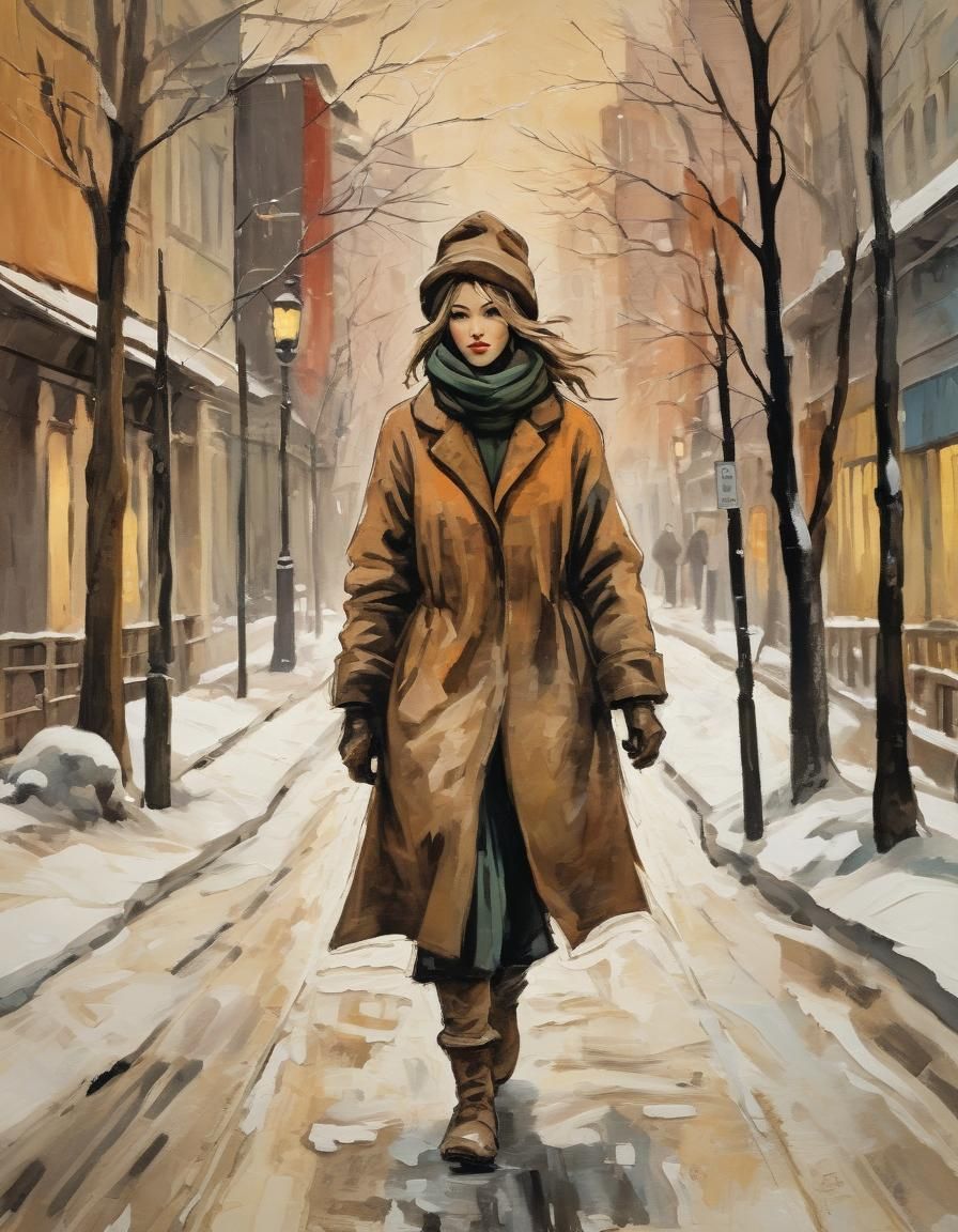 Expressionist Woman Walks in Snowy Winter Landscape