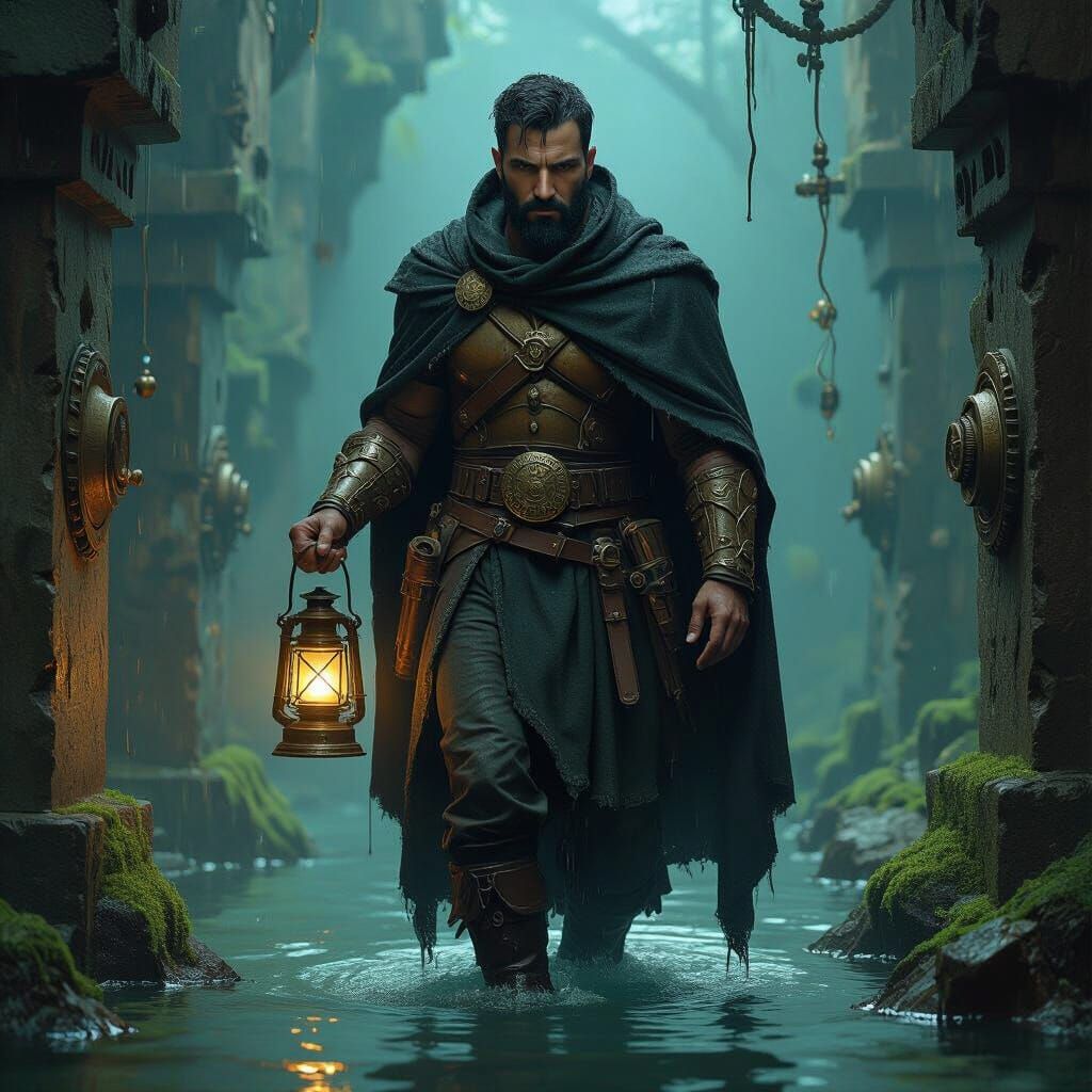 Man Descends into Waterlogged Vault, Industrial Sci-Fi Art