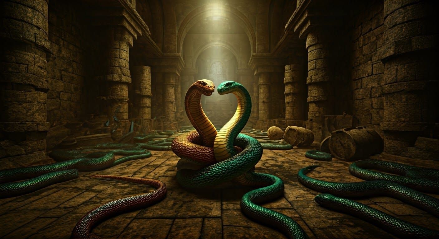 Serpents Entwined in Ancient Chamber as Hyperrealistic HDR