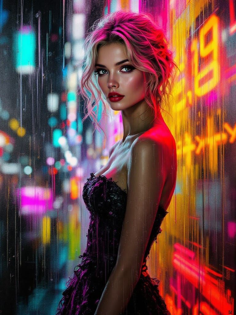Pin Up Woman in Neon Hong Kong Rain