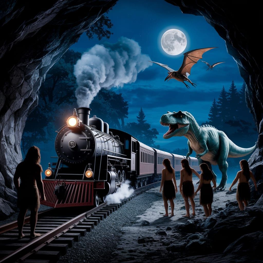 Prehistoric Cave Steam Train Encounter: Cinematic Film Still