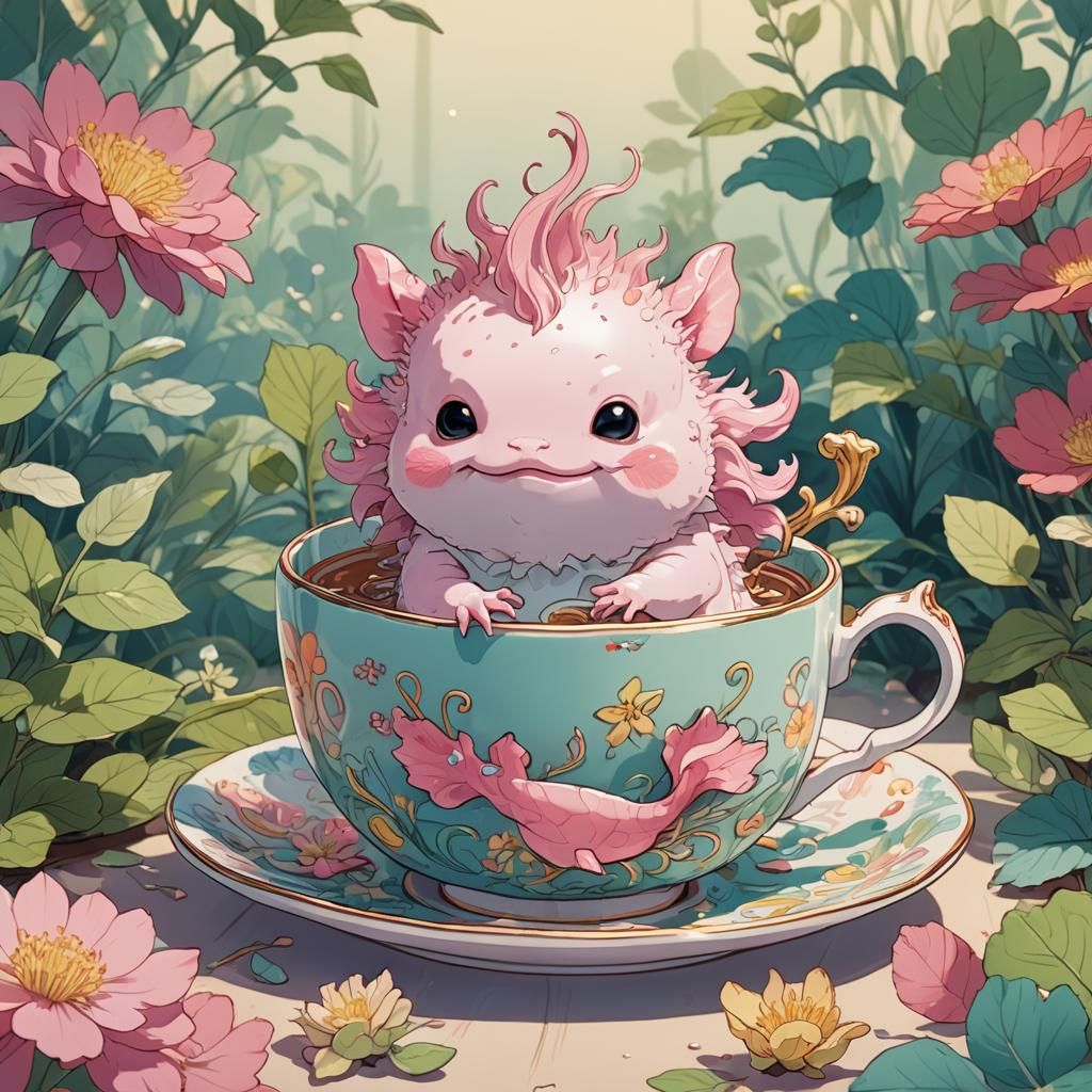 Anime Axolotl with Tea Cup Digital Art