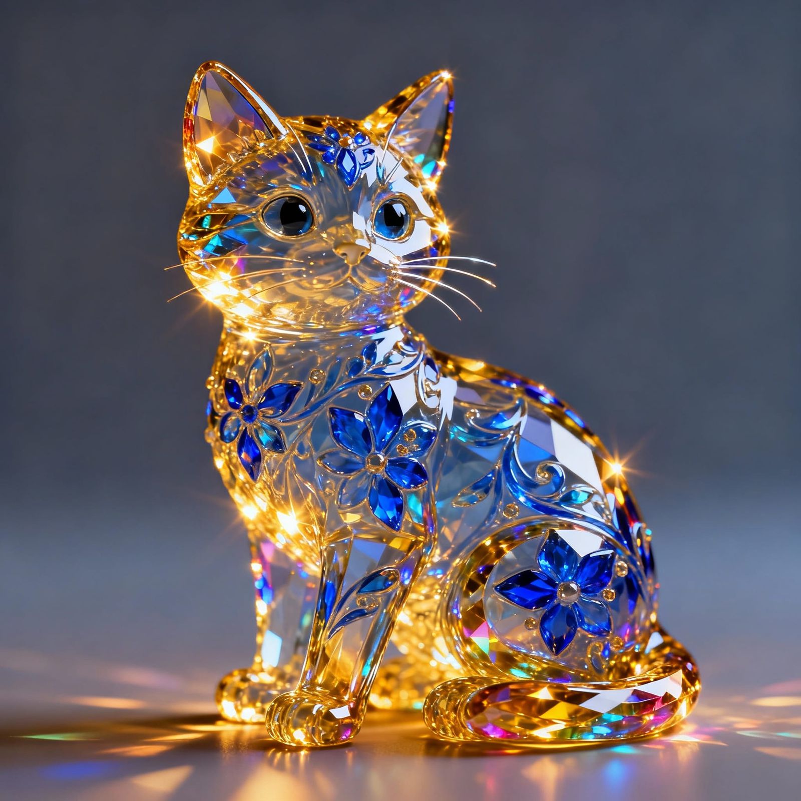 Translucent Glass Cat Emitting Golden Light in Vibrant Fanta...