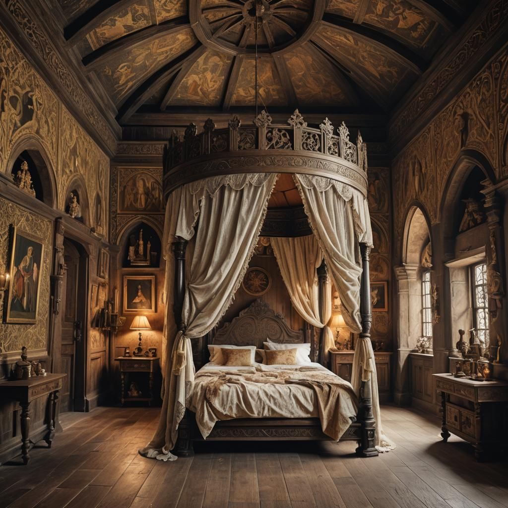 Medieval Chamber Interior with Four-Poster Bed