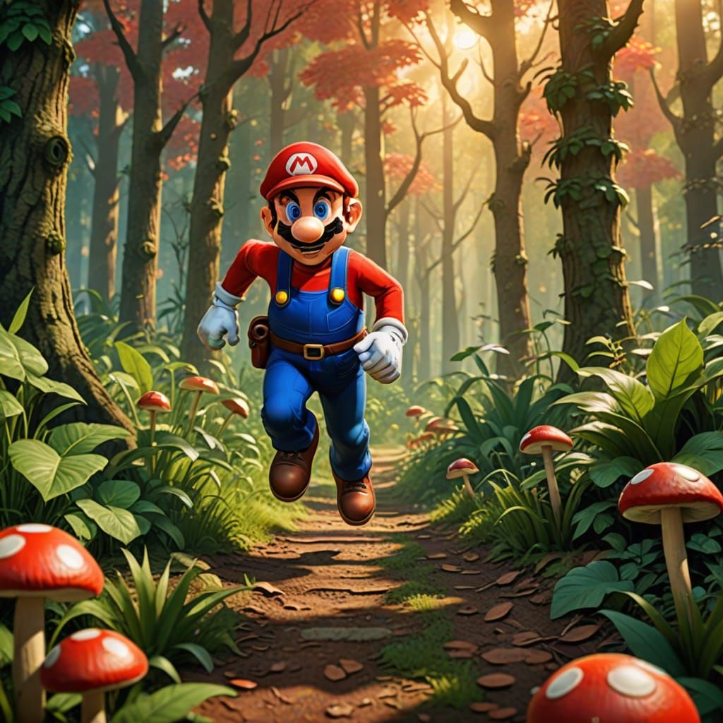 Realistic Mario in the Mushroom Kingdom Fantasy Landscape