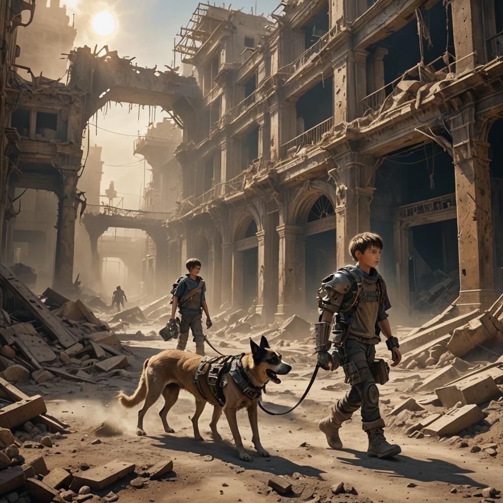 Boy and Dog in Post-Apocalyptic Ruins