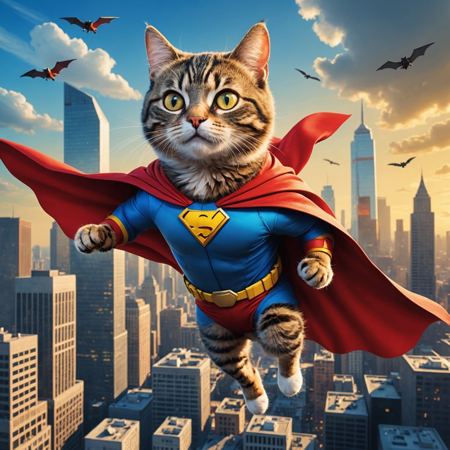Superhero Cat Soaring Through Cityscape