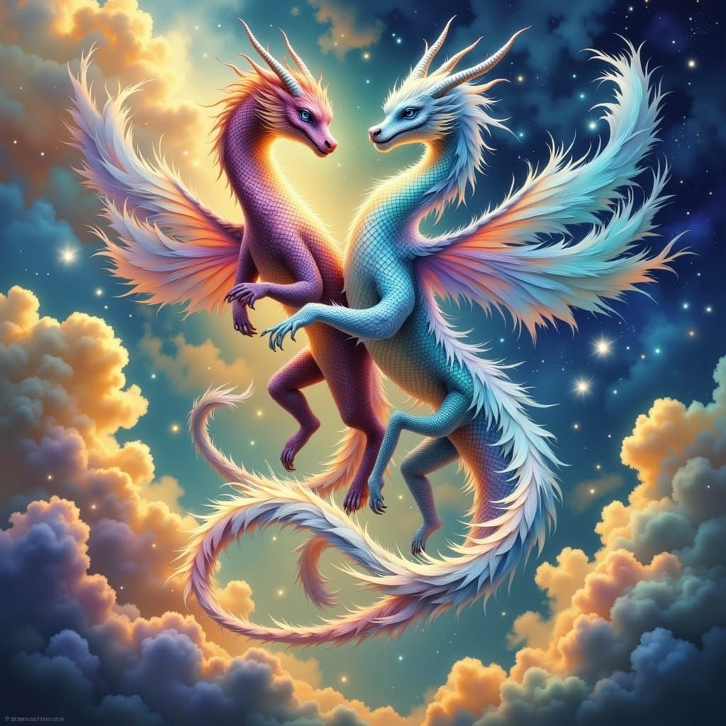 Dancing Dragons in Whimsical Fantasy Sky