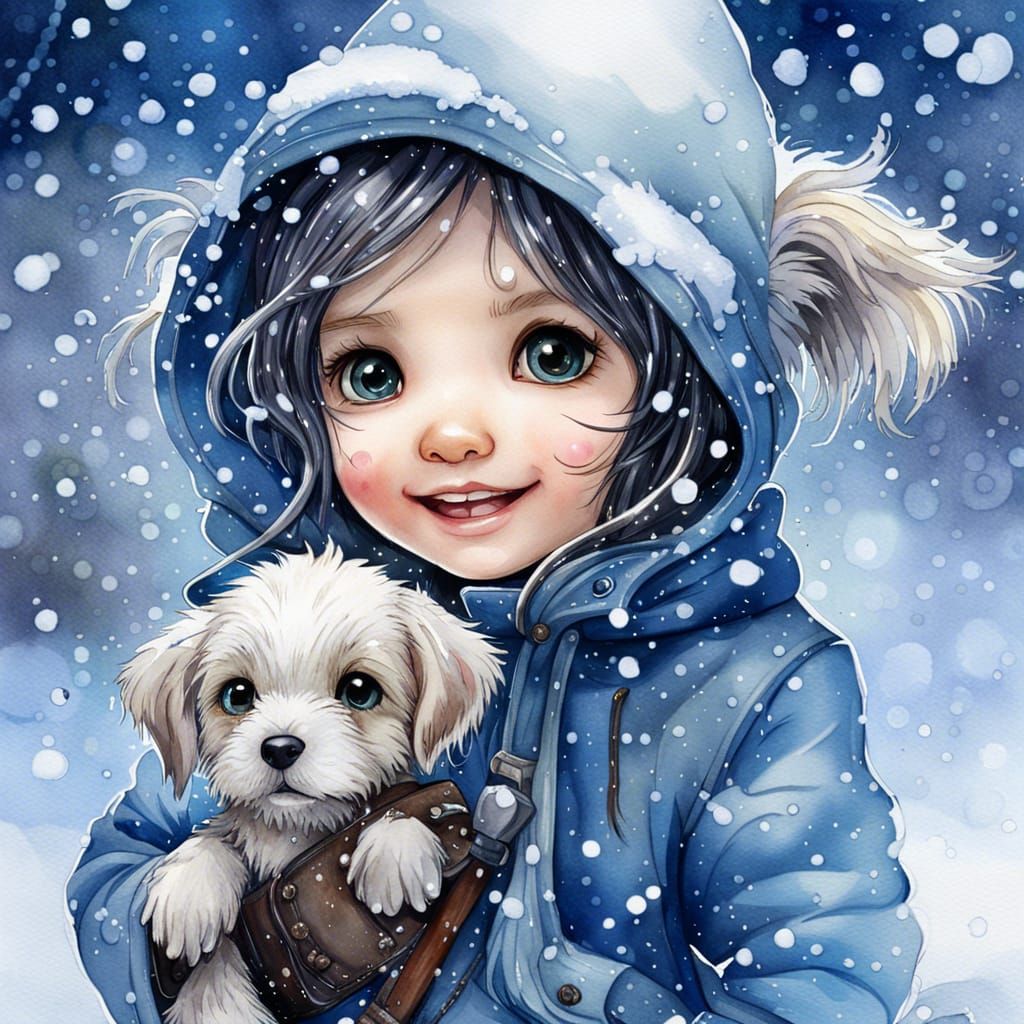Cute Puppy Playing in Snow, Detailed Watercolor Painting