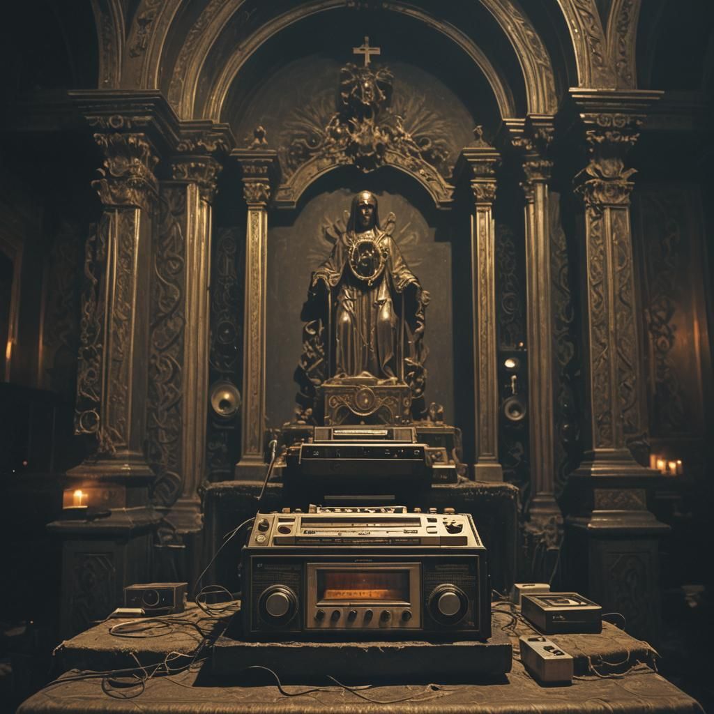 Cassette Recorder on Altar in Dark Film Noir