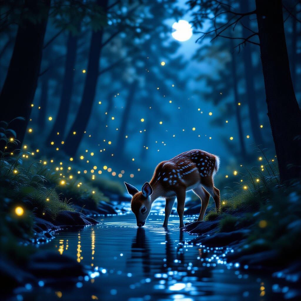 Fawn Drinking at Night in Forest, Cinematic Lighting