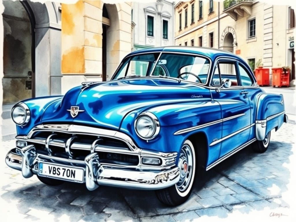 Blue Chrome Classic Car on Cobblestone