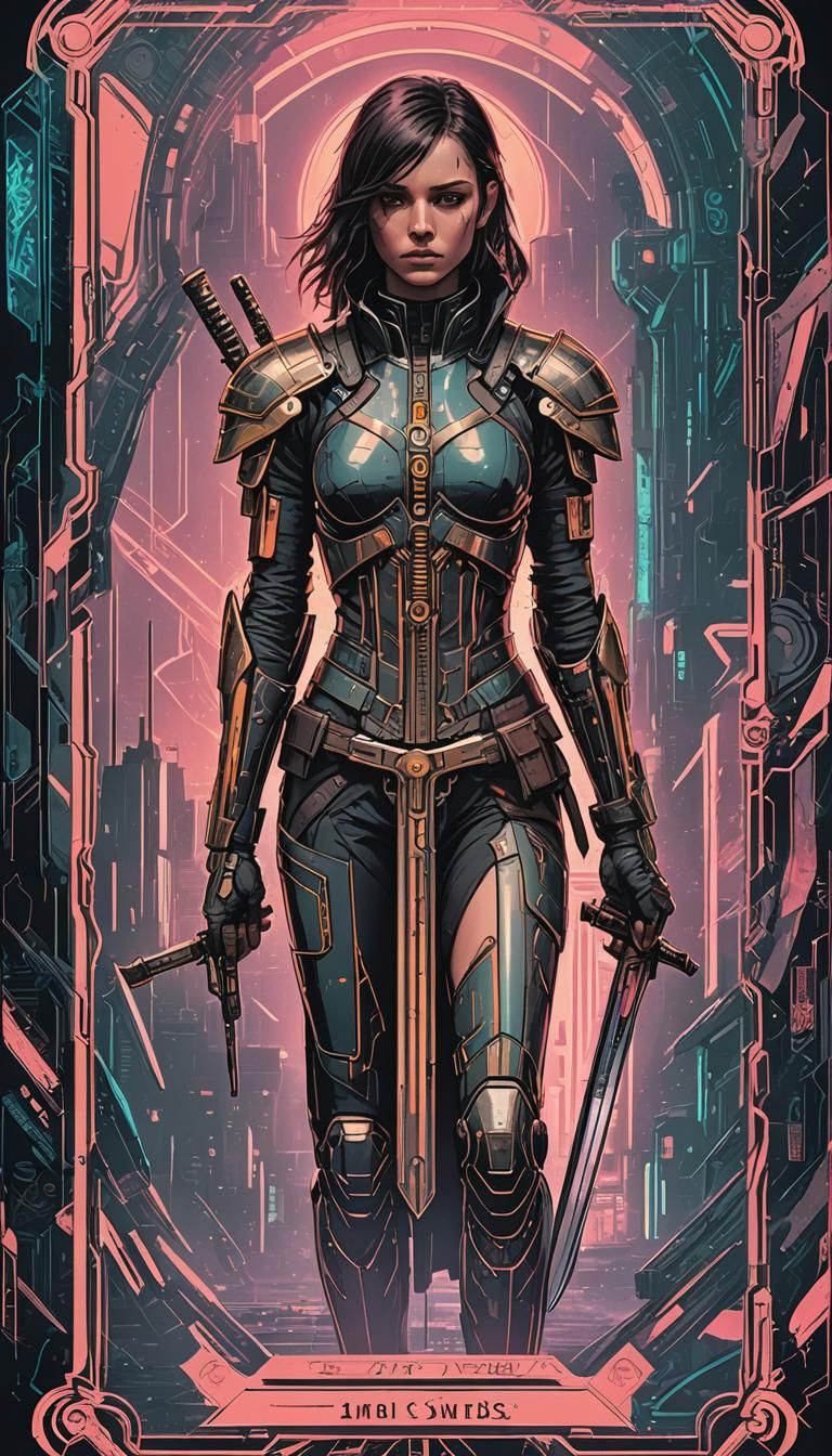 Page of Swords Tarot Card in Cyberpunk Style