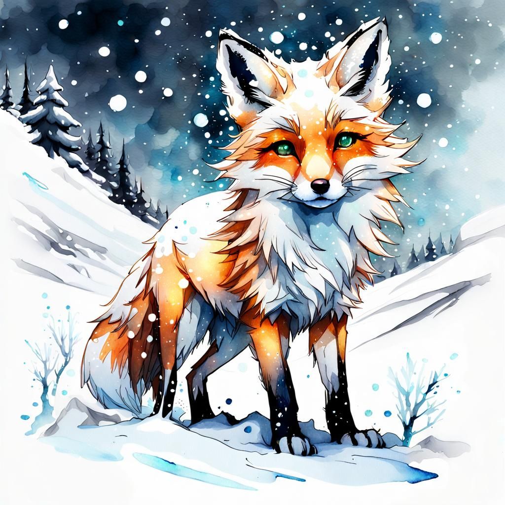 Icy Fox in Digital Watercolor Style