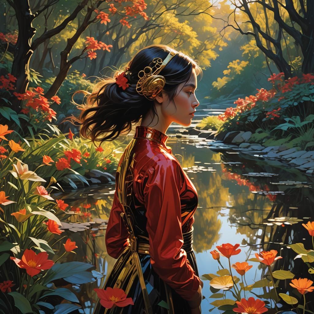 Woman Gazing at Flowers in Hyperrealistic Style