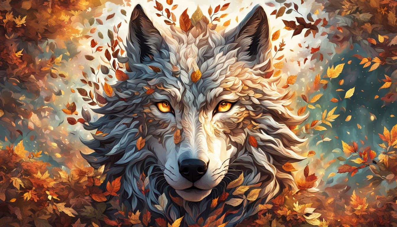 Surreal Wolf Portrait Dissolving into Autumn Leaves