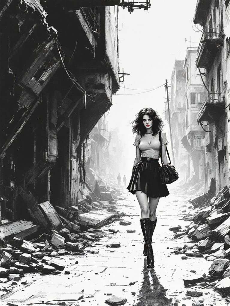Post-Apocalyptic Pin-Up Woman in Monochromatic Style