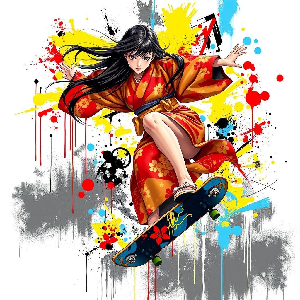 Kinetic Spray. Japanese girl in kimono skateboarding.