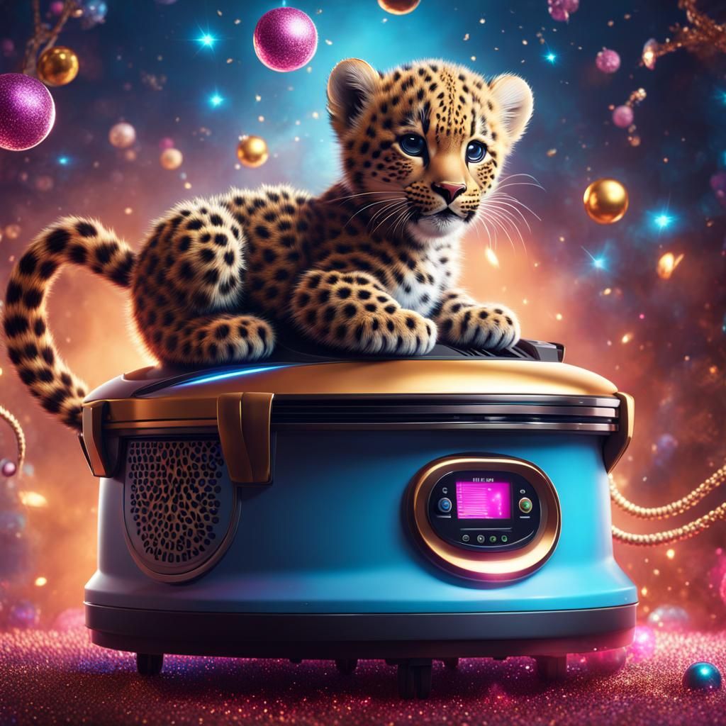 Leopard Cub on Vacuum Cleaner: Whimsical Illustration