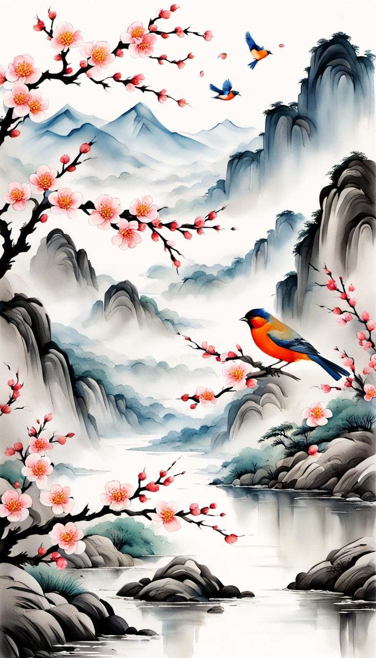 Chinese Ink Painting of Bird and Apricot Blossoms