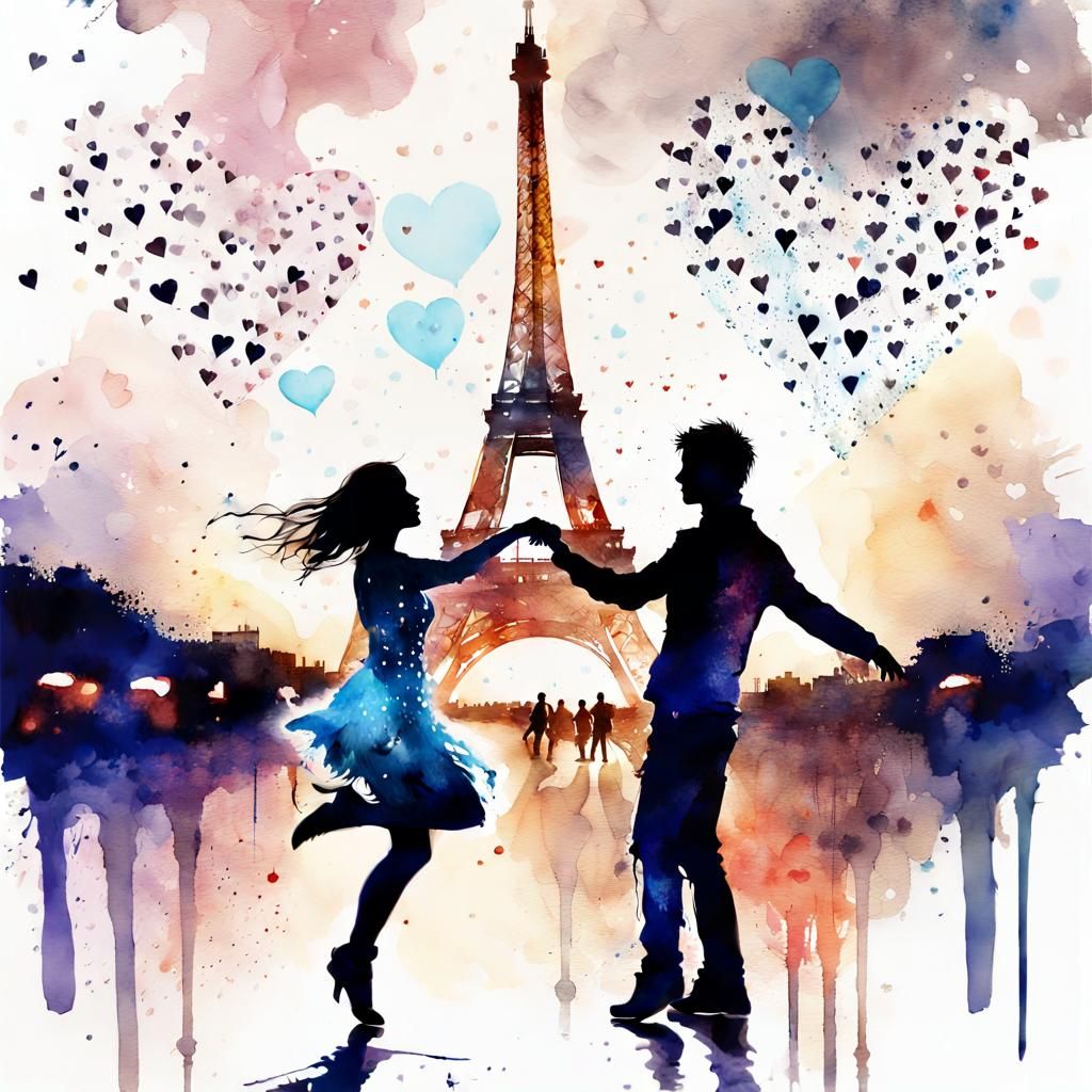 Romantic Couple Dancing in Paris, Watercolor Style