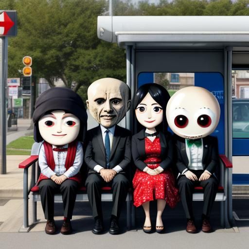 People at Bus Stop with Surreal Chibi Heads