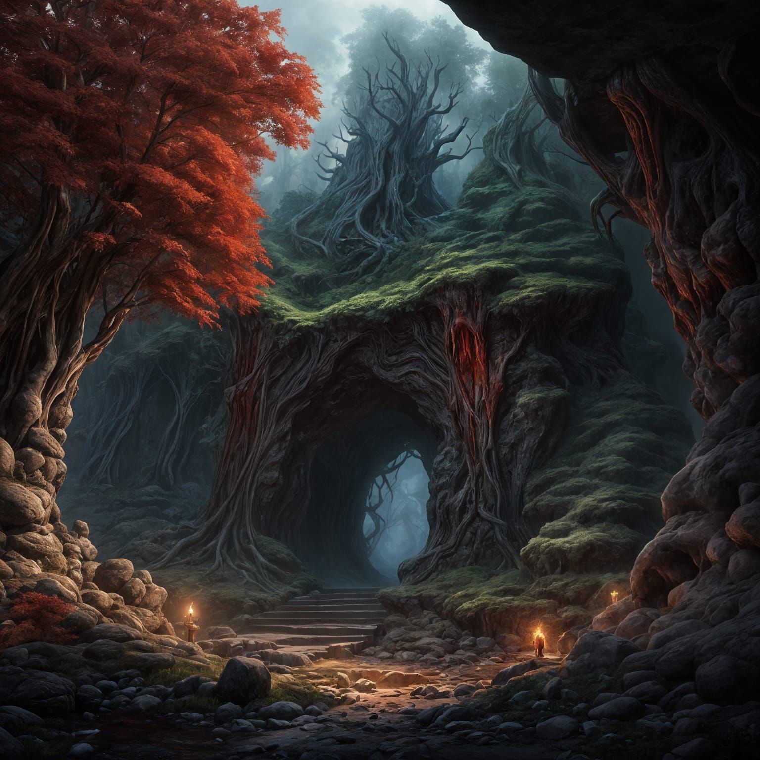 Dark Fantasy Cave Entrance in a Forest
