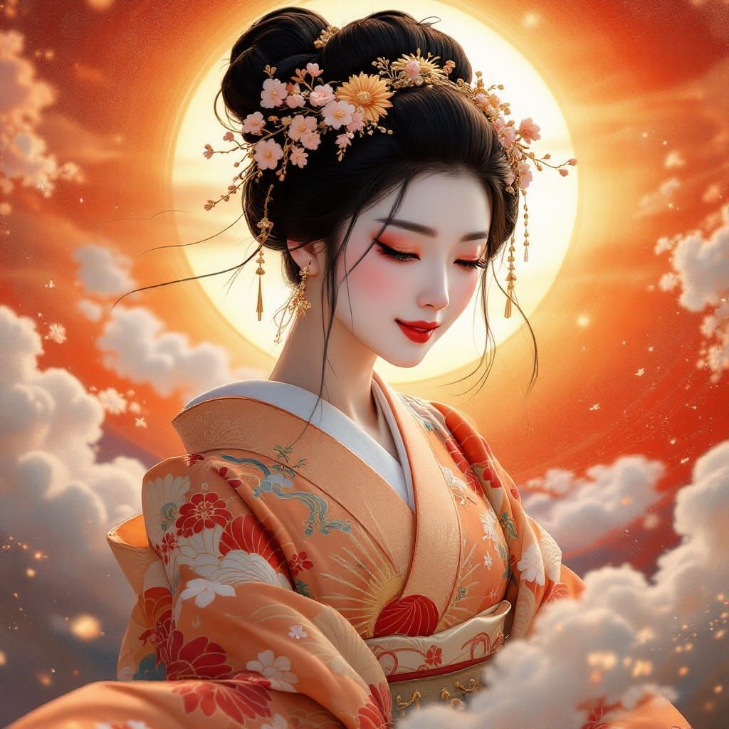 Japanese Goddess of Dawn Dances in Vibrant Edo Period Style