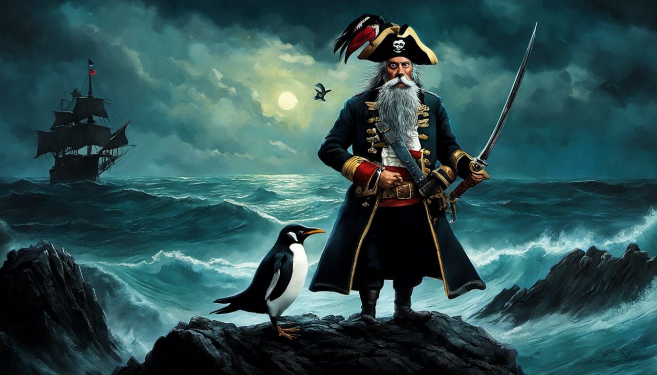 Penguin Pirate Captain in Stormy Sea, Animated Style