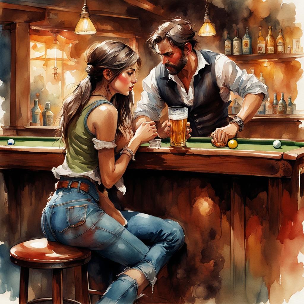 Girl in Tavern: Watercolor and Ink Illustration