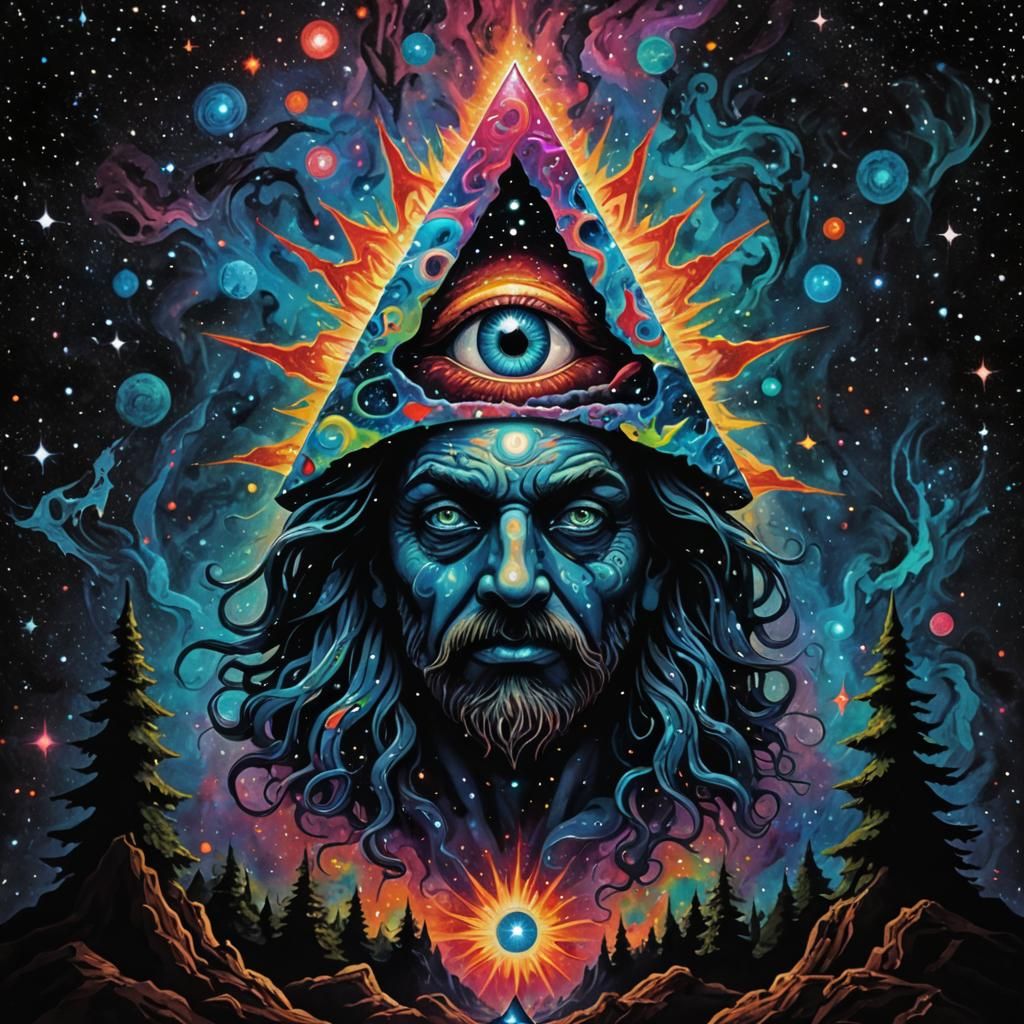 Psychedelic God in Starburst Galaxy with All-Seeing Eye