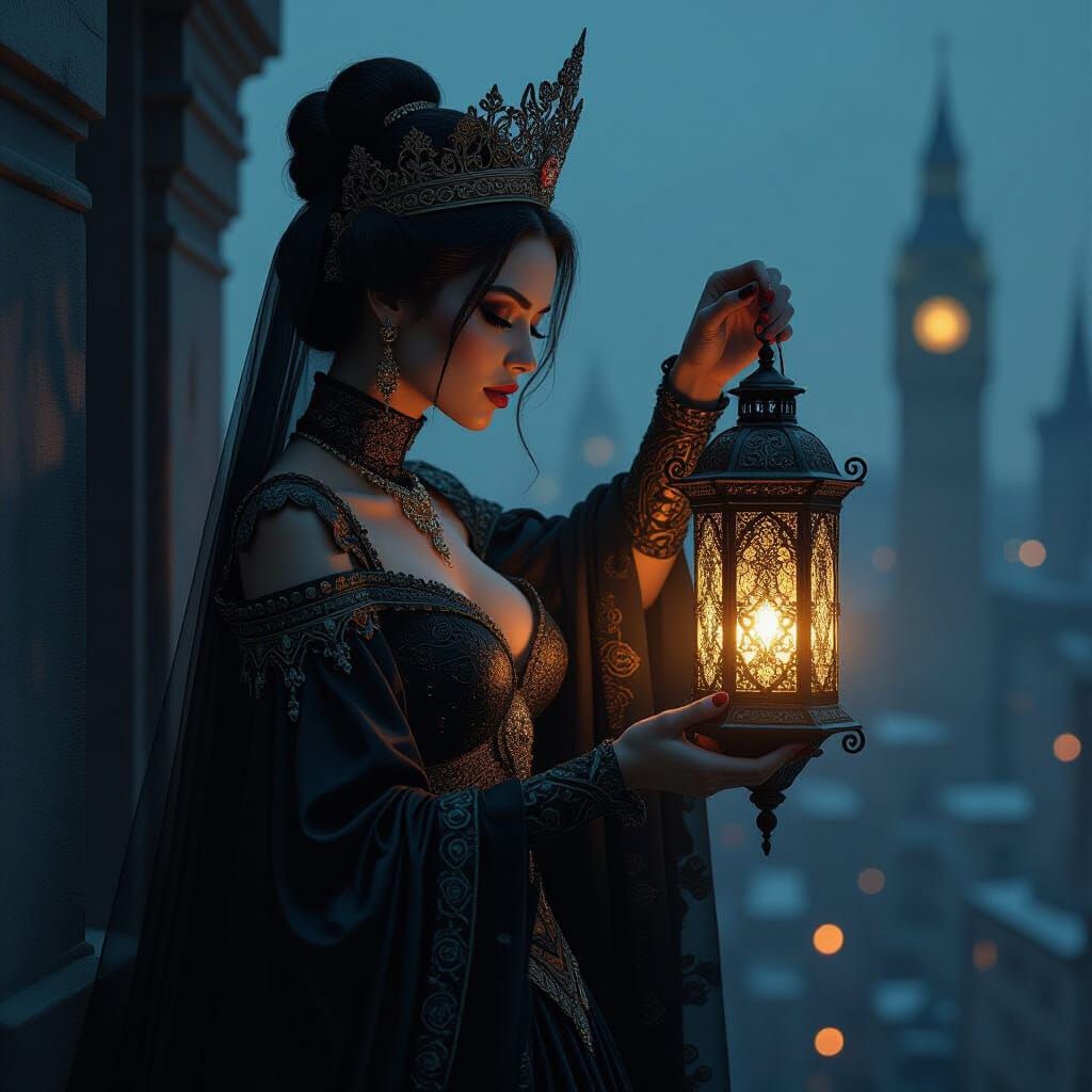 Biomechanical Queen in Cyberpunk Cityscape