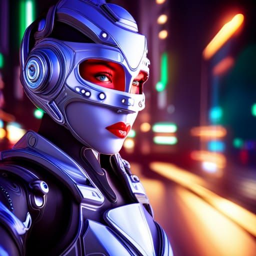 Cyborg Girl with Face Armor in Neon City