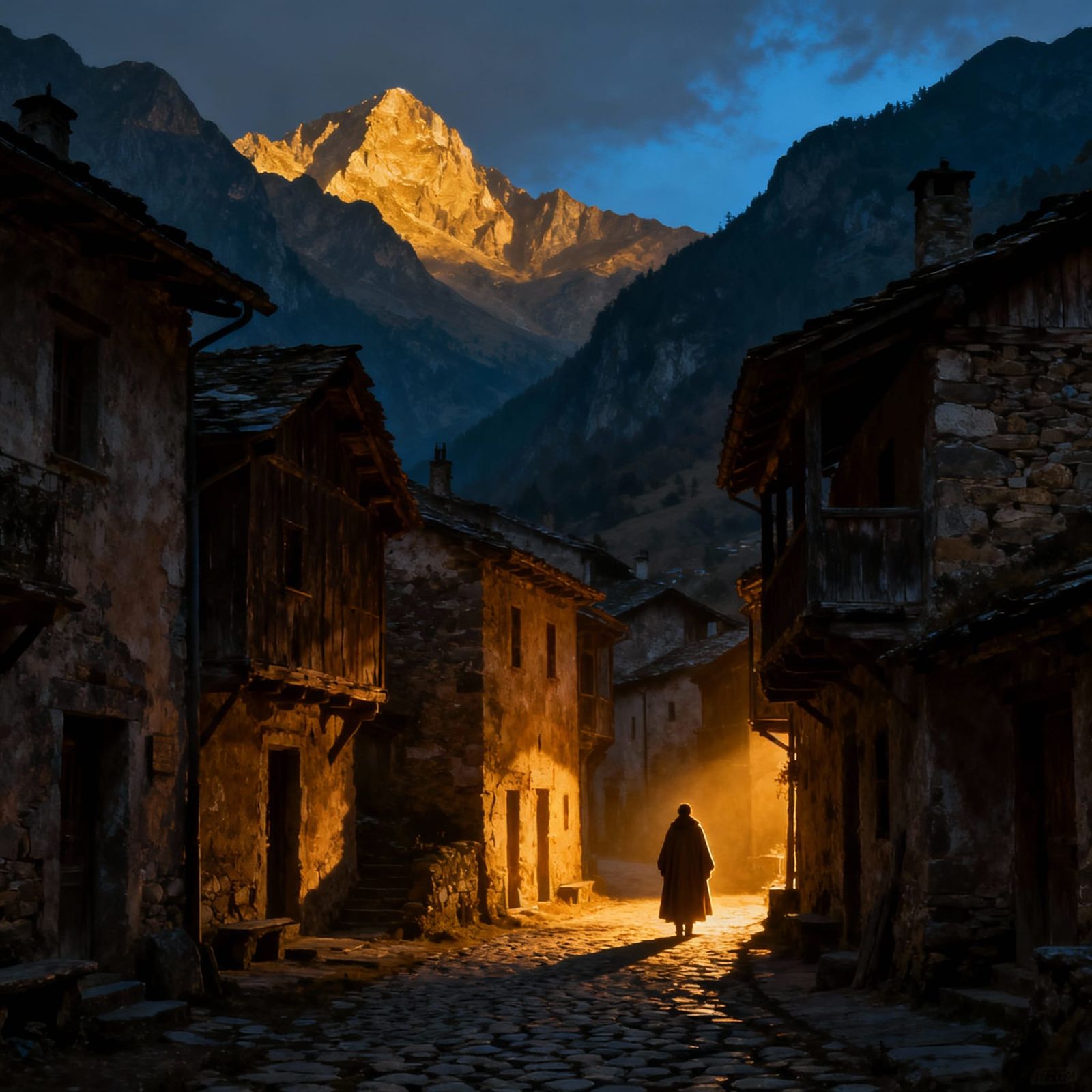 Mountain Village in Rembrandt's Chiaroscuro Style