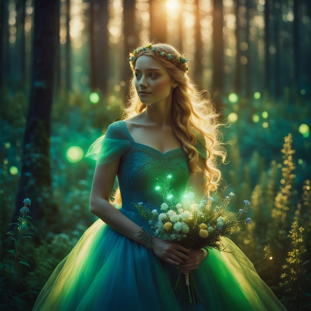 Enchanted Maiden Gathering Flowers in Mystical Forest