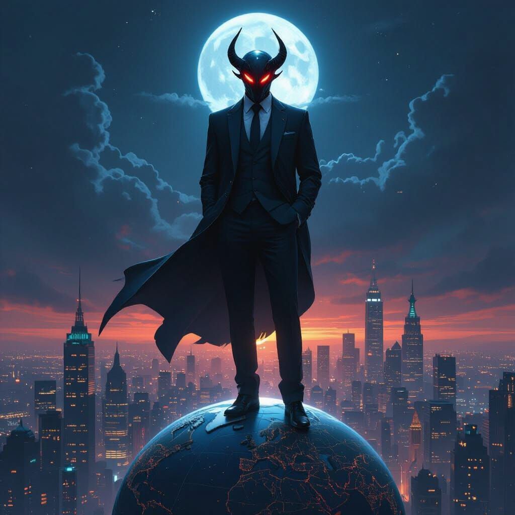 Crypto Demon Dominates Globe in Futuristic Ominous Style
