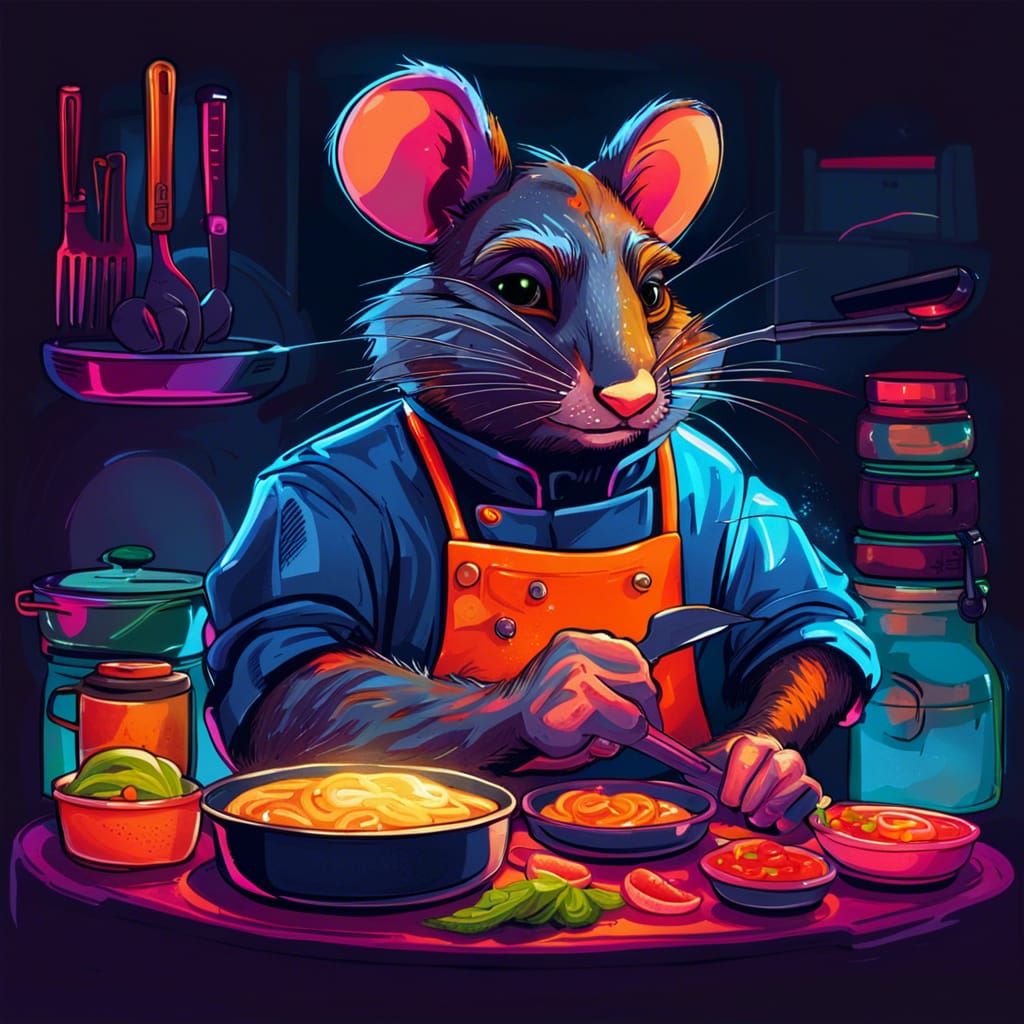 cyberpunk cartoon ratatouille chef cooking portrait