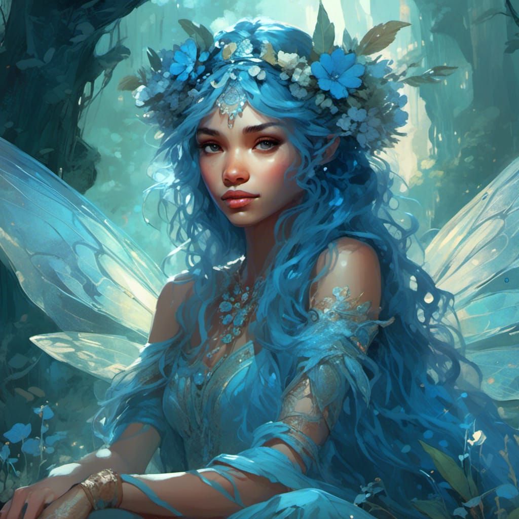 Blue Fairy Portrait with Flower Crown, Digital Art