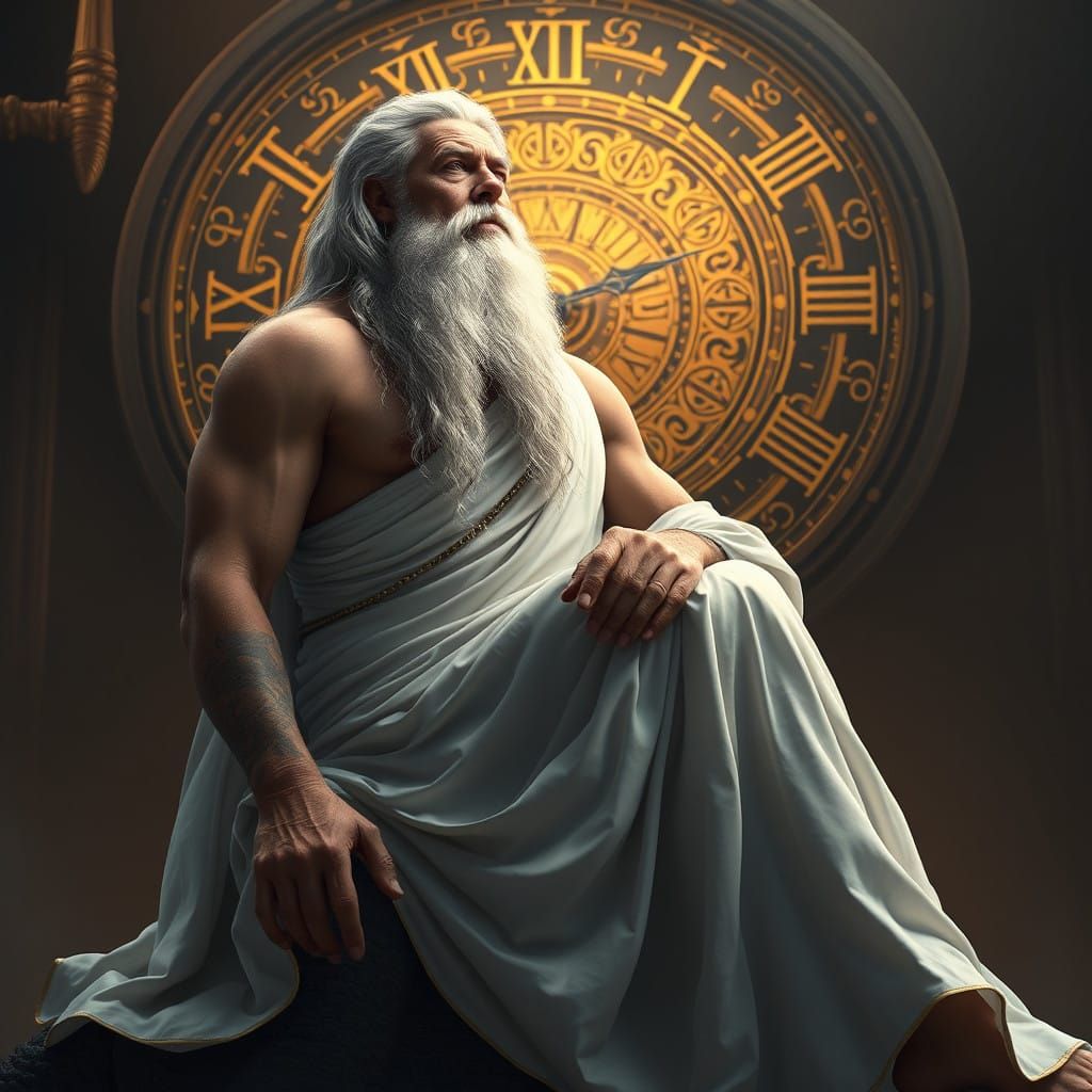 Ancient Figure in Contemplative Pose, Surrounded by Celestia...