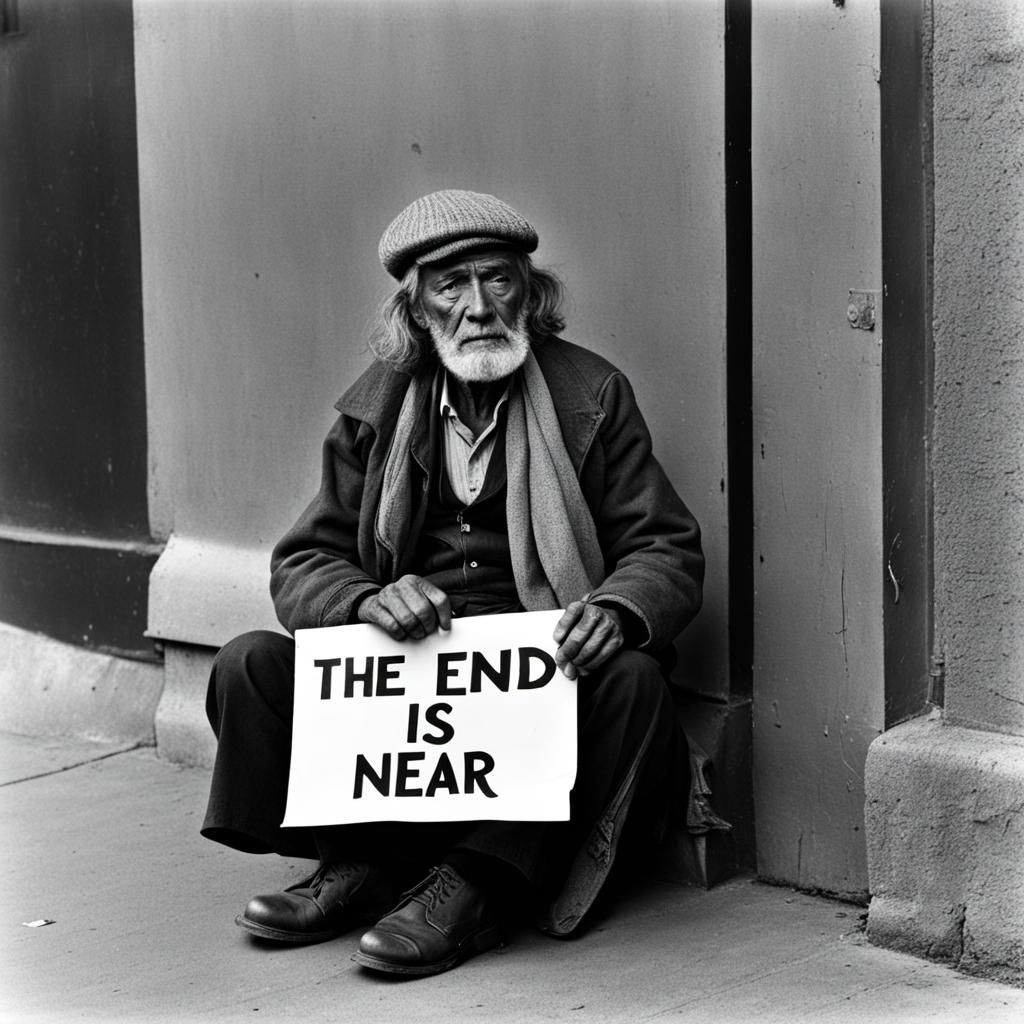 Homeless Man Holds End of Days Sign: 70s Photo