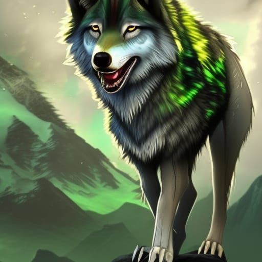 Green and Black Fur Wolf Fantasy Art