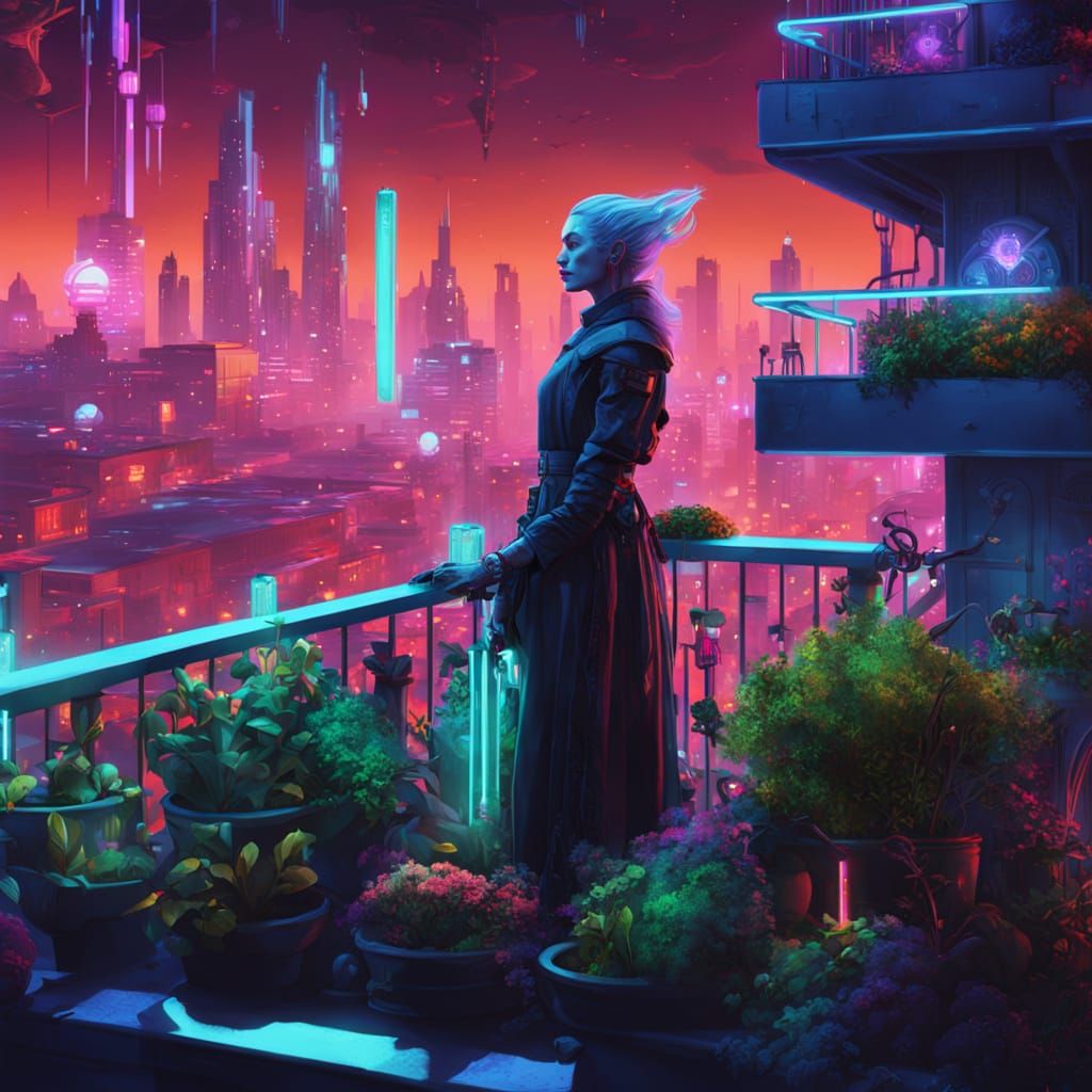 Cyberpunk Witch Tends Neon Balcony Garden