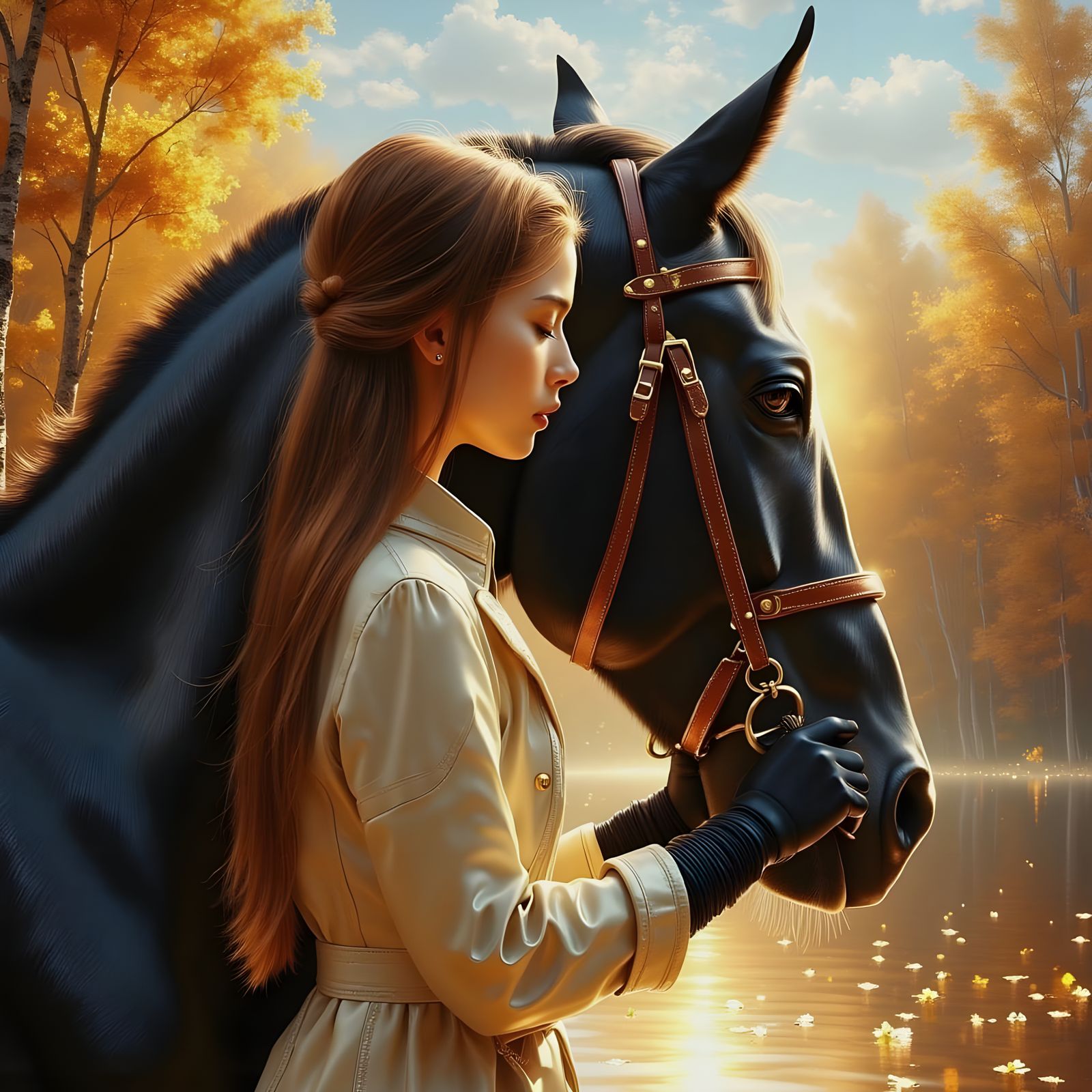 Gentle Moment Between Woman and Horse in Autumn Landscape