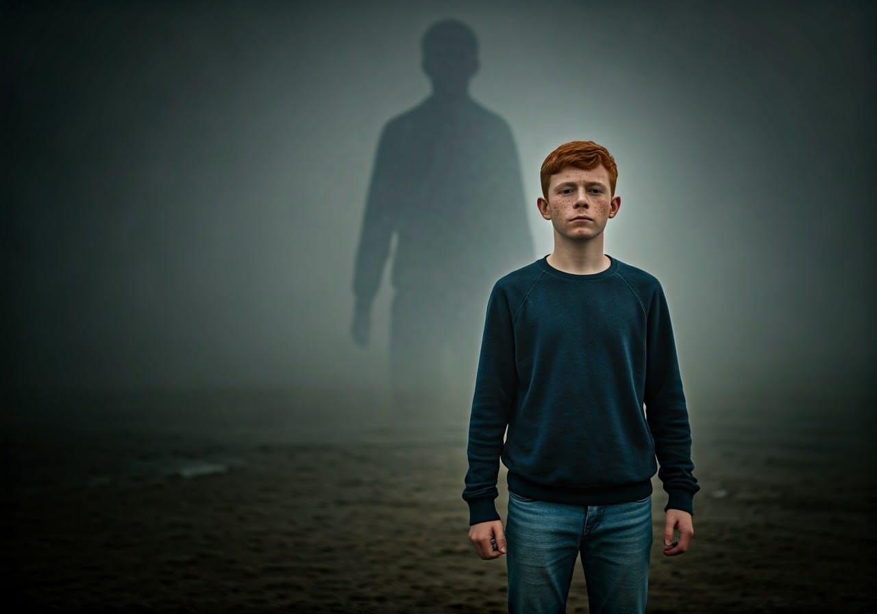 Boy Overcoming Past in Misty Landscape, Digital Art