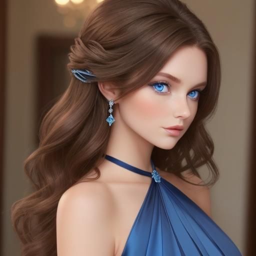 Woman with Brown Hair and Blue Eyes in Formal Dress